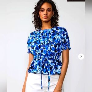 NEW YORK & COMPANY FLORAL PUFF TIE WAIST PEPLUM BLOUSE